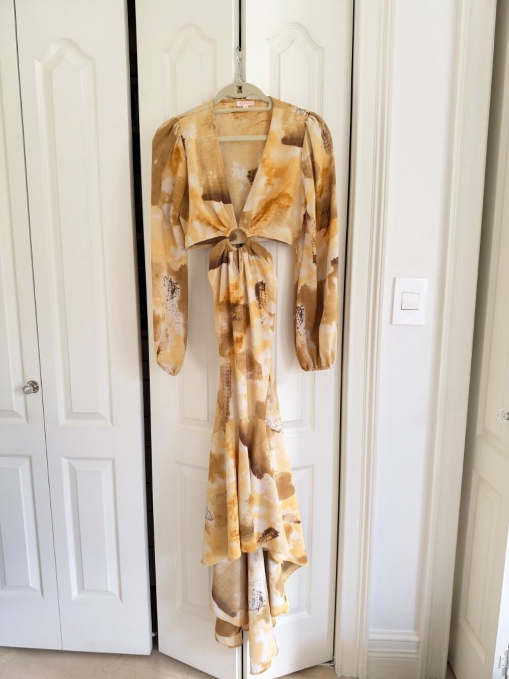 LUXXEL Gold Brown Abstract Print Cutout Maxi Dress Size S
